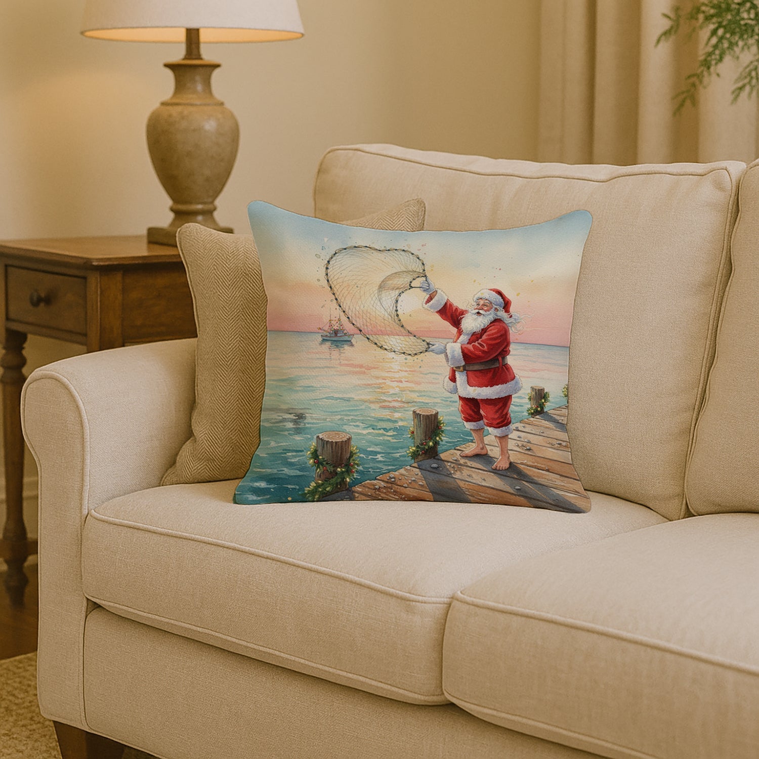 Fishing Santa Claus with Castnet Christmas Decorative Throw Pillow 14x14 Indoor Outdoor Accent Cushion, Fabric Cover with Insert for Sofa, Bed, Porch & Living Room