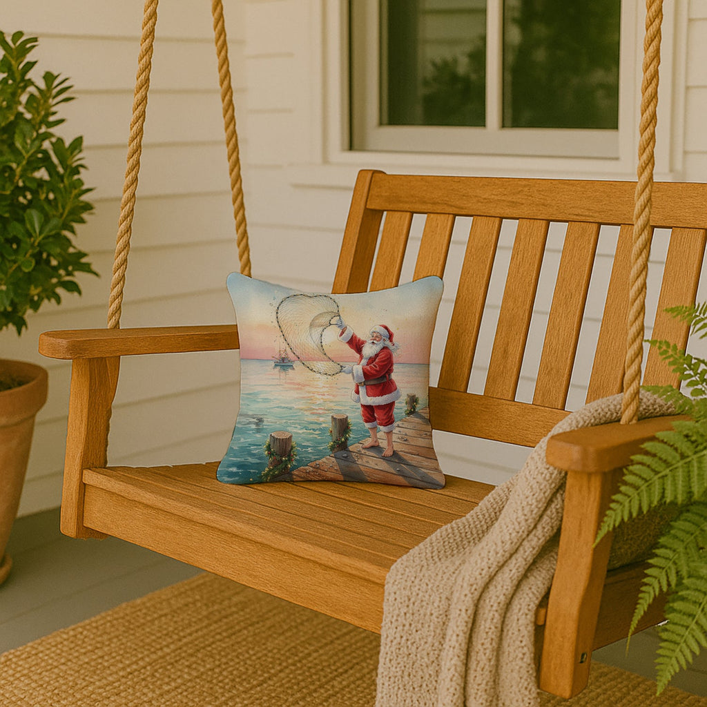 Fishing Santa Claus with Castnet Christmas Decorative Throw Pillow 14x14 Indoor Outdoor Accent Cushion, Fabric Cover with Insert for Sofa, Bed, Porch & Living Room