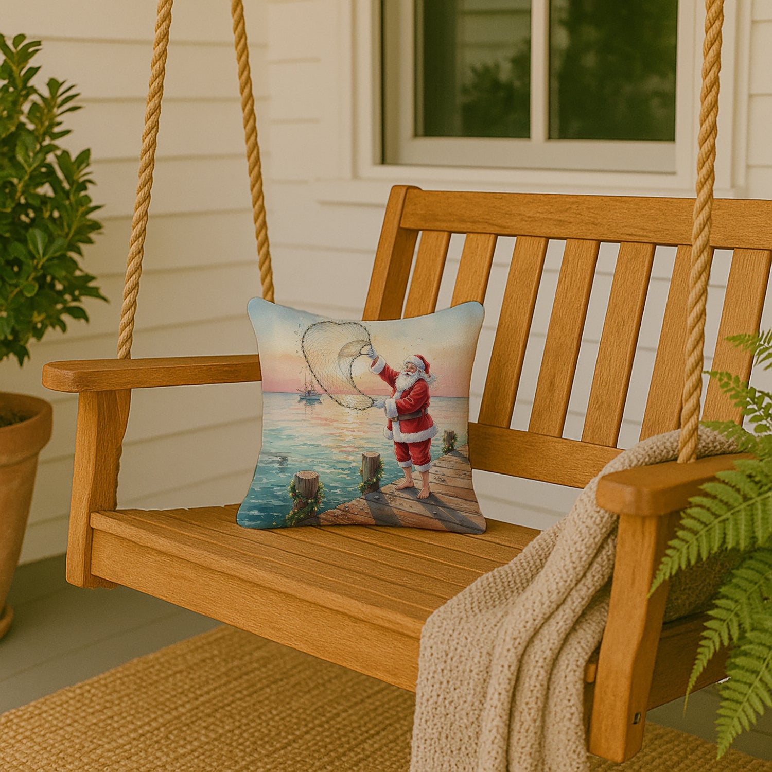 Fishing Santa Claus with Castnet Christmas Decorative Throw Pillow 14x14 Indoor Outdoor Accent Cushion, Fabric Cover with Insert for Sofa, Bed, Porch & Living Room