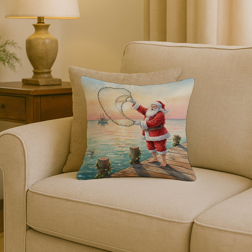Fishing Santa Claus with Castnet Christmas Decorative Throw Pillow 18x18 Indoor Outdoor Accent Cushion, Fabric Cover with Insert for Sofa, Bed, Porch & Living Room