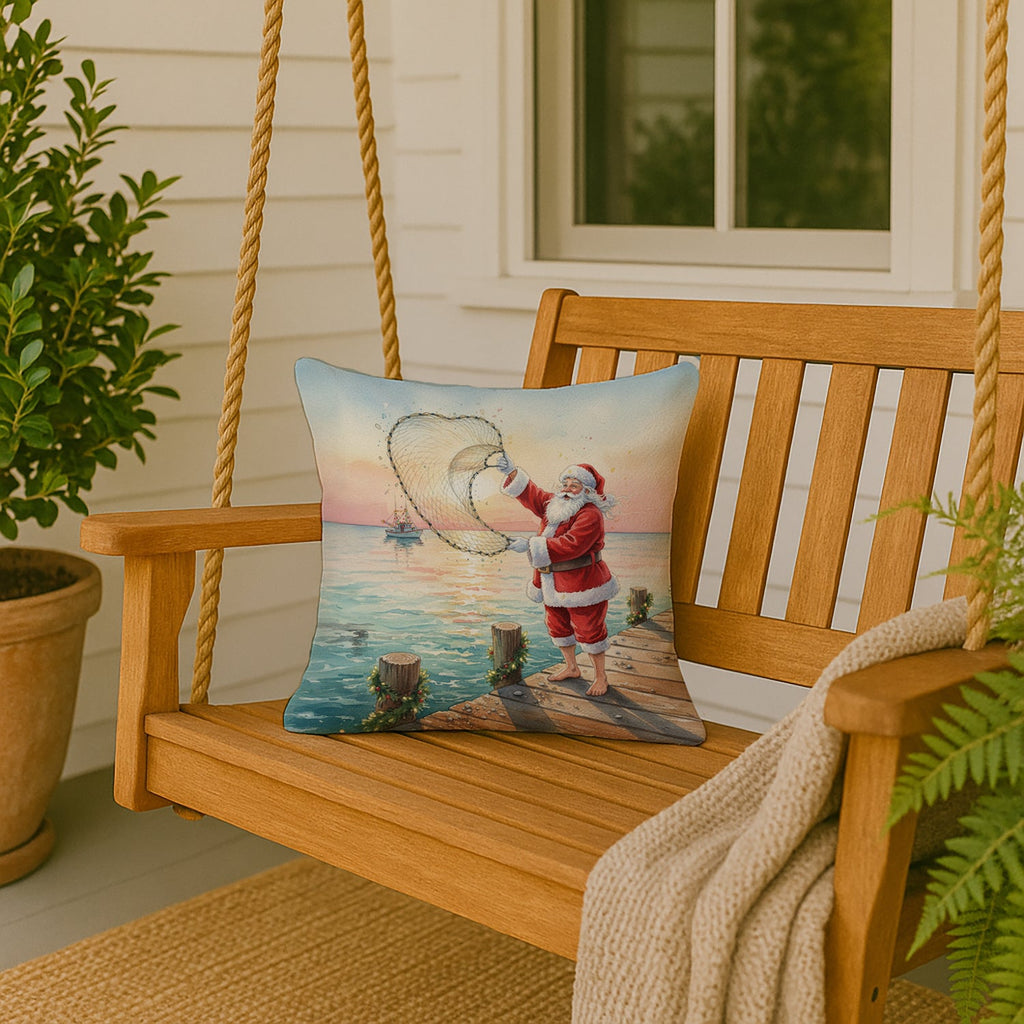 Fishing Santa Claus with Castnet Christmas Decorative Throw Pillow 18x18 Indoor Outdoor Accent Cushion, Fabric Cover with Insert for Sofa, Bed, Porch & Living Room
