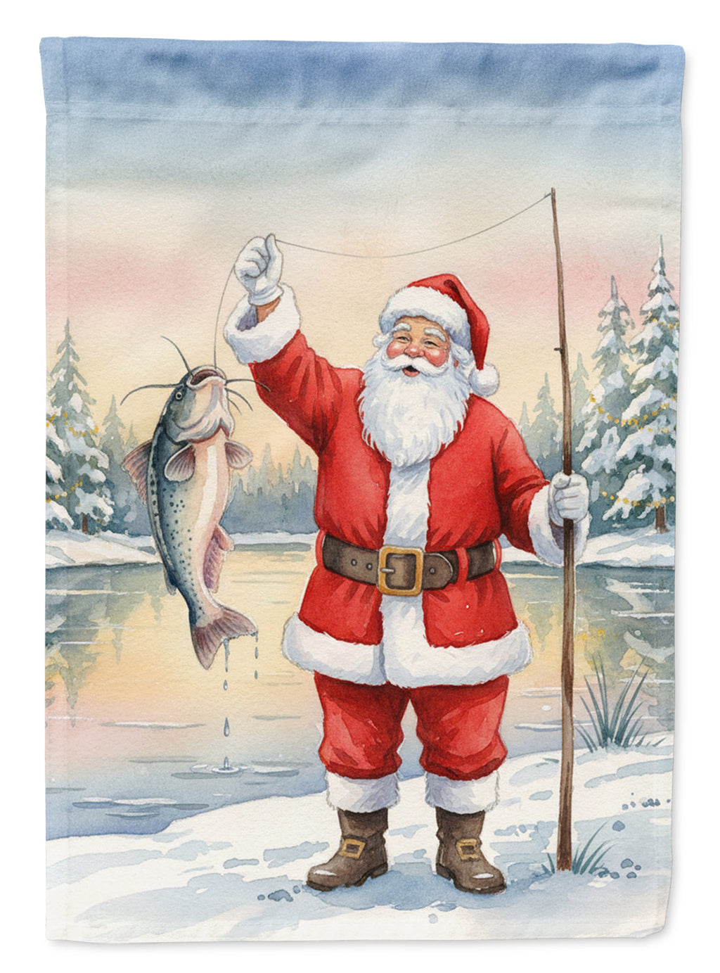 Fishing Santa Claus with Catfish Christmas House Flag 28x40 Porch Sleeve Pole Decorative Outside Yard Banner Artwork Wall Hanging, Polyester