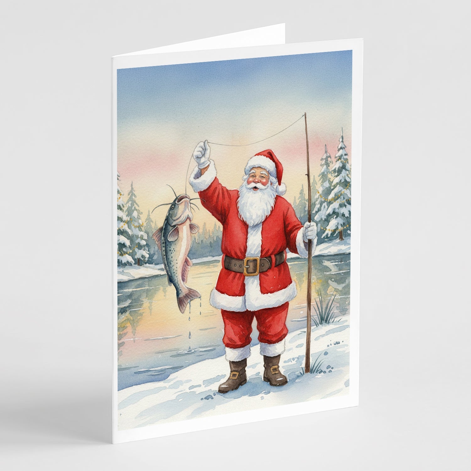 Fishing Santa Claus with Catfish Christmas Greeting Cards Pack of 8 Blank Cards with Envelopes Whimsical A7 Size 5x7
