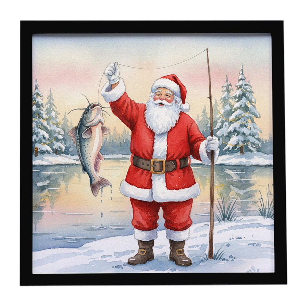 Fishing Santa Claus with Catfish Christmas Framed Metal Print Bathroom, Kitchen, Office, Home Decor Wall Art Ready to Hang, Square, 8X8