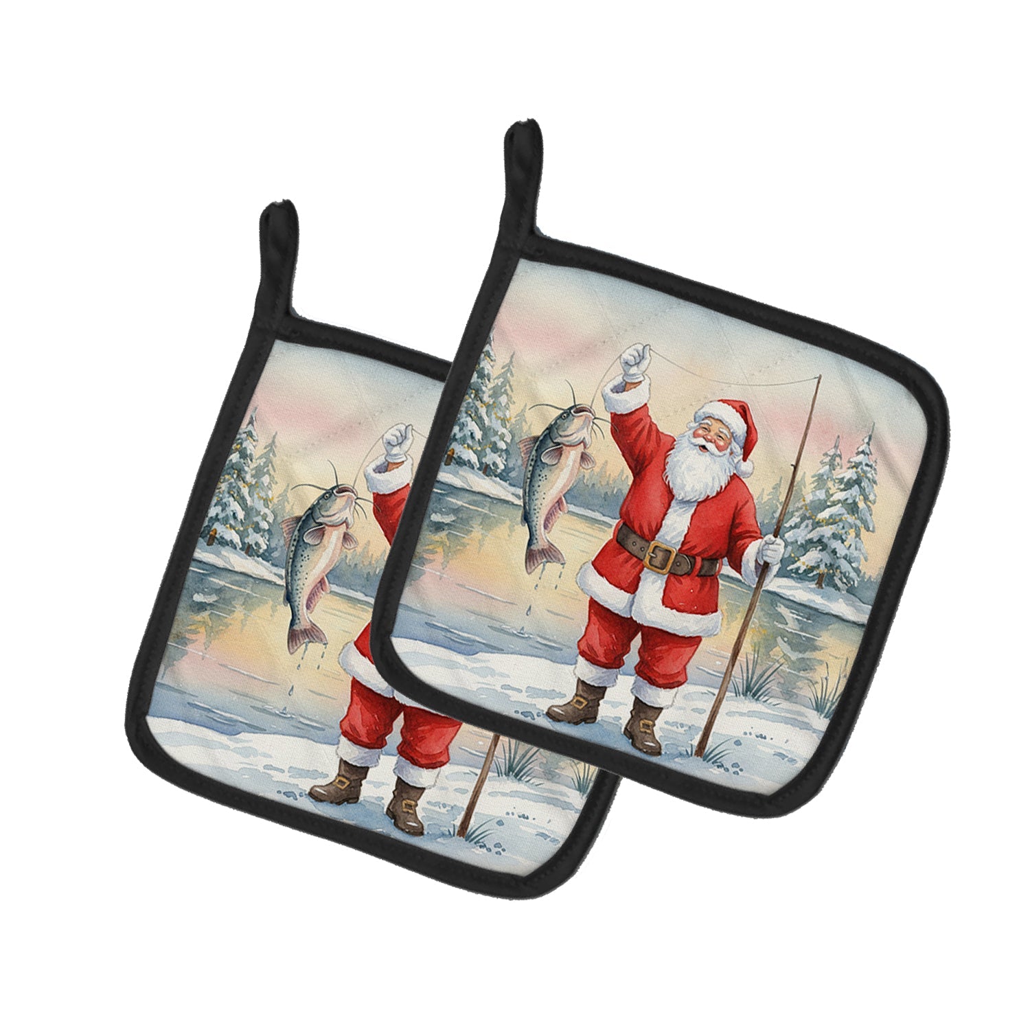 Fishing Santa Claus with Catfish Christmas Pot Holder Set of 2 Heat Resistant Quilted Hot Pads 7.5 x 7.5 Inch, Insulated Kitchen Trivets for Cooking & Baking