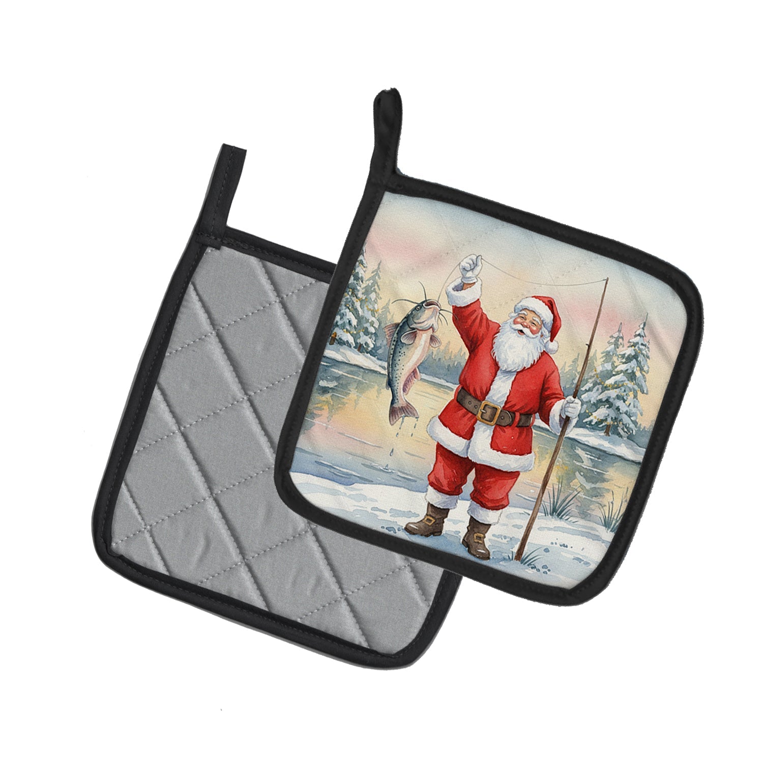 Fishing Santa Claus with Catfish Christmas Pot Holder Set of 2 Heat Resistant Quilted Hot Pads 7.5 x 7.5 Inch, Insulated Kitchen Trivets for Cooking & Baking
