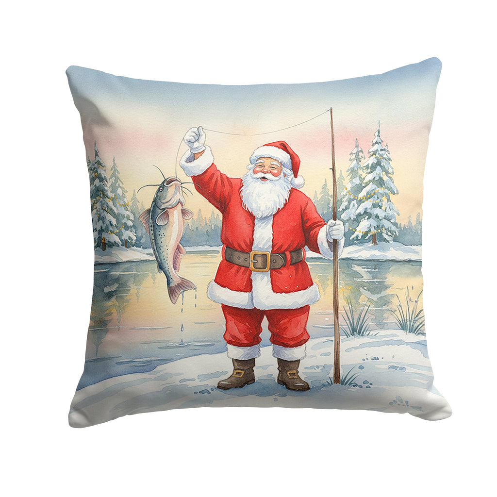 Fishing Santa Claus with Catfish Christmas Decorative Throw Pillow 14x14 Indoor Outdoor Accent Cushion, Fabric Cover with Insert for Sofa, Bed, Porch & Living Room