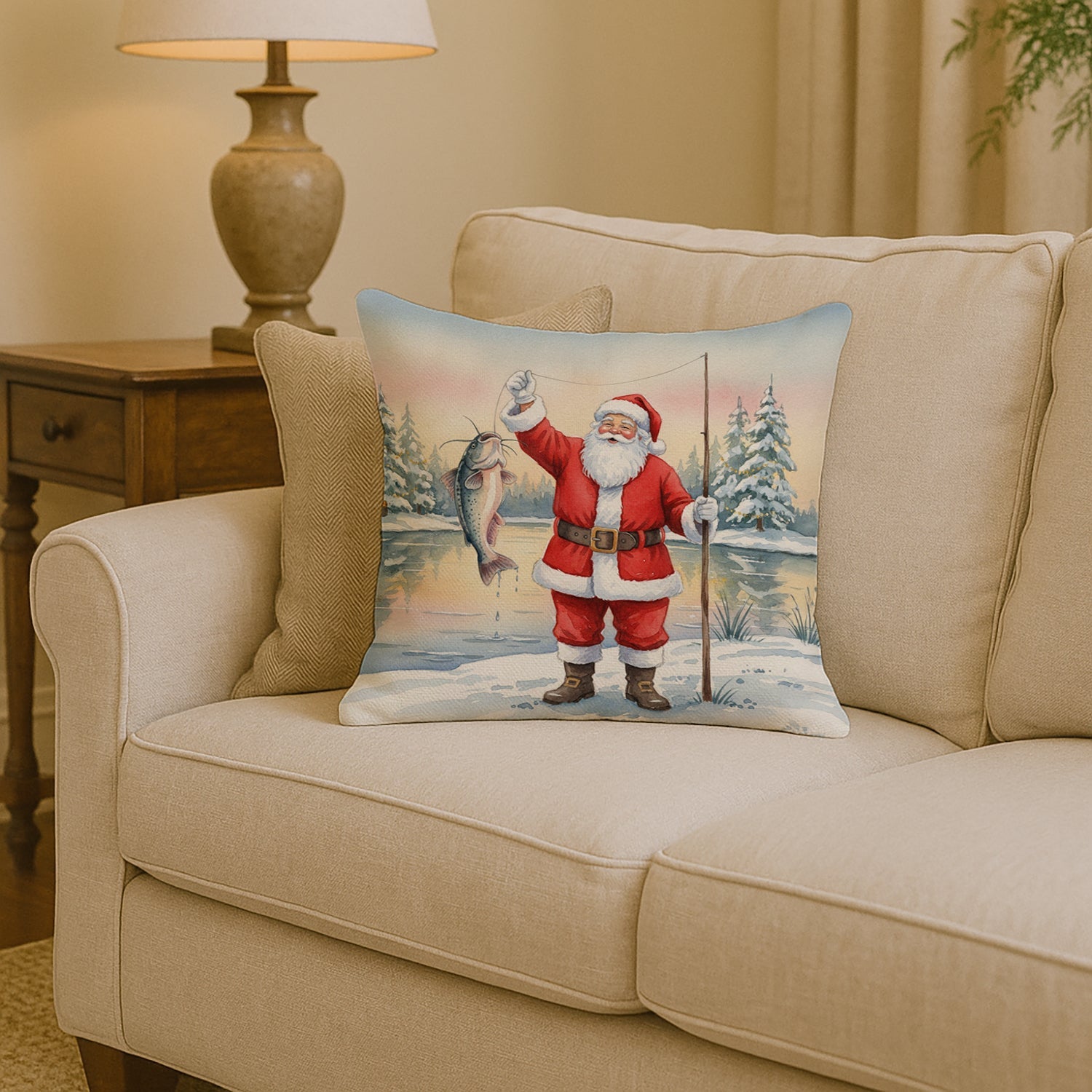 Fishing Santa Claus with Catfish Christmas Decorative Throw Pillow 14x14 Indoor Outdoor Accent Cushion, Fabric Cover with Insert for Sofa, Bed, Porch & Living Room