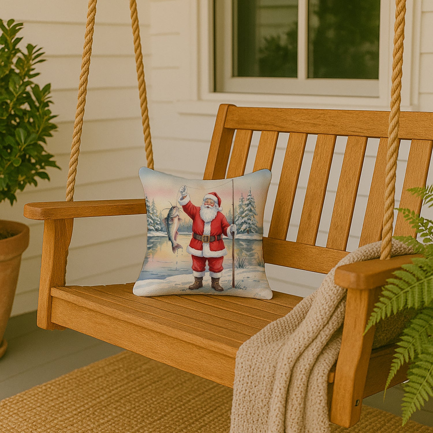 Fishing Santa Claus with Catfish Christmas Decorative Throw Pillow 14x14 Indoor Outdoor Accent Cushion, Fabric Cover with Insert for Sofa, Bed, Porch & Living Room