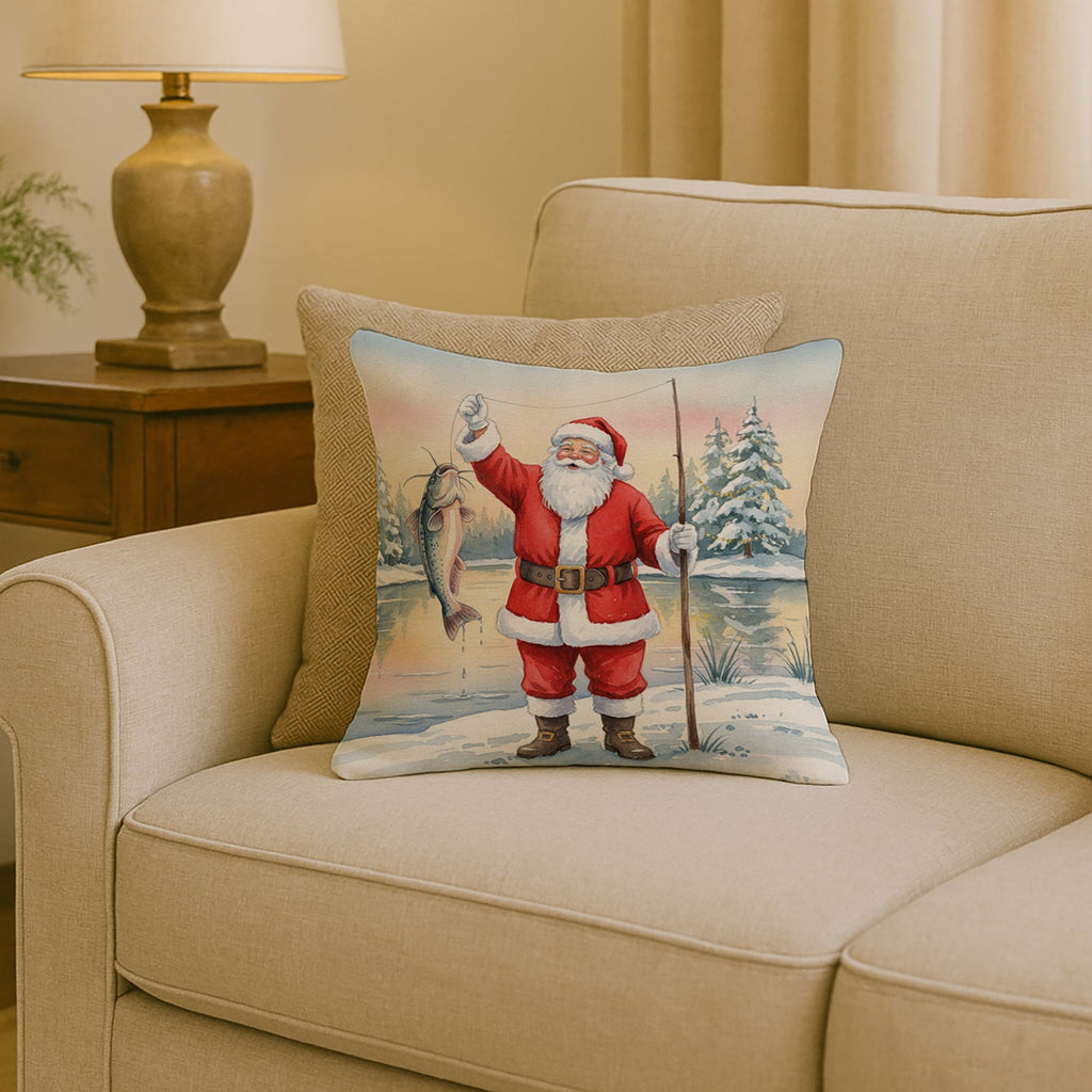 Fishing Santa Claus with Catfish Christmas Decorative Throw Pillow 18x18 Indoor Outdoor Accent Cushion, Fabric Cover with Insert for Sofa, Bed, Porch & Living Room