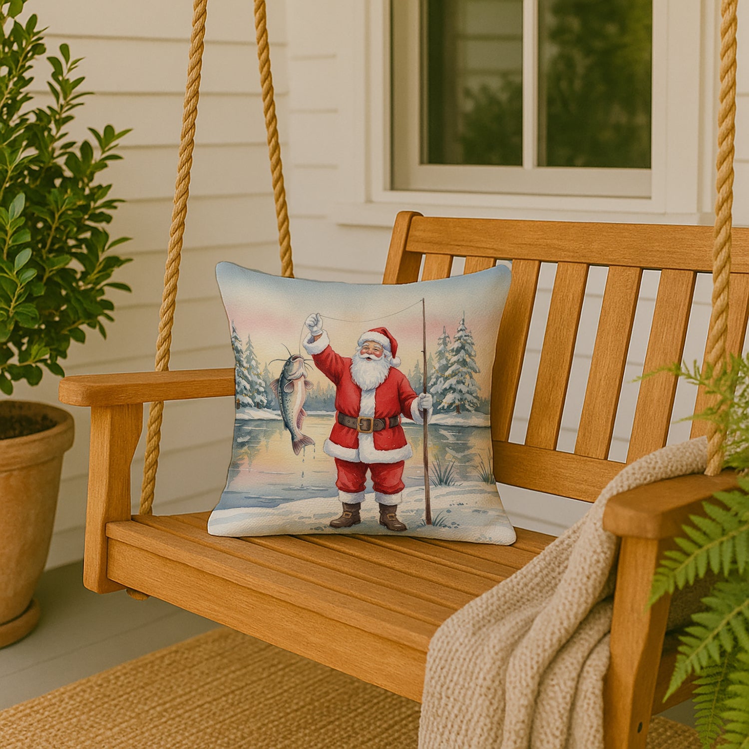 Fishing Santa Claus with Catfish Christmas Decorative Throw Pillow 18x18 Indoor Outdoor Accent Cushion, Fabric Cover with Insert for Sofa, Bed, Porch & Living Room