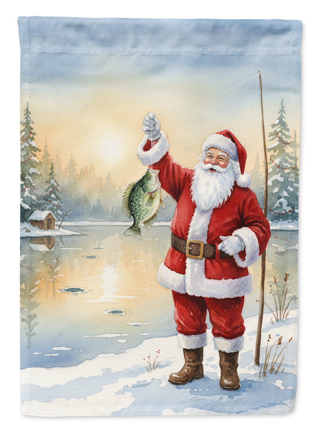 Fishing Santa Claus with Crappie Christmas House Flag 28x40 Porch Sleeve Pole Decorative Outside Yard Banner Artwork Wall Hanging, Polyester