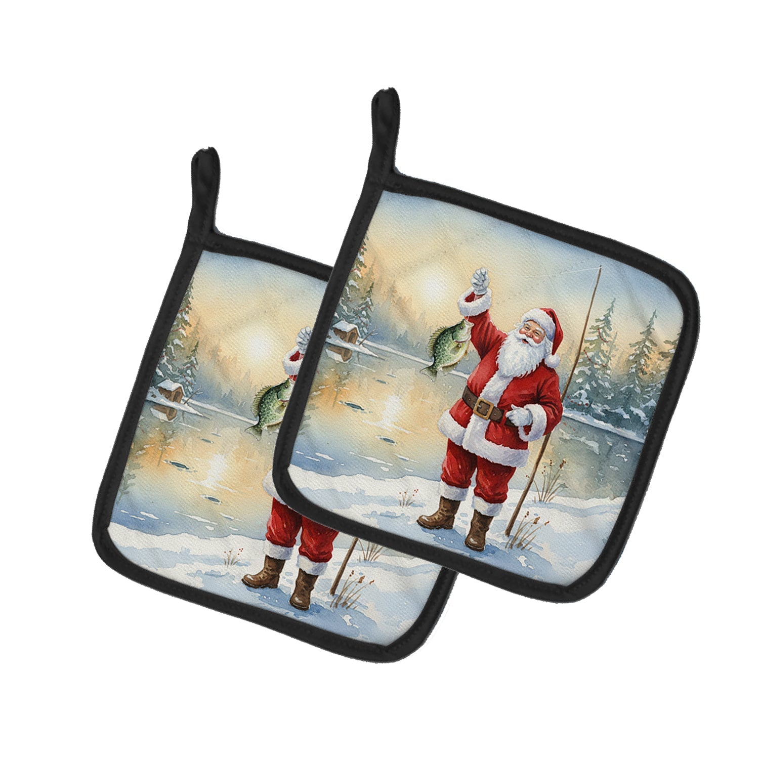 Fishing Santa Claus with Crappie Christmas Pot Holder Set of 2 Heat Resistant Quilted Hot Pads 7.5 x 7.5 Inch, Insulated Kitchen Trivets for Cooking & Baking