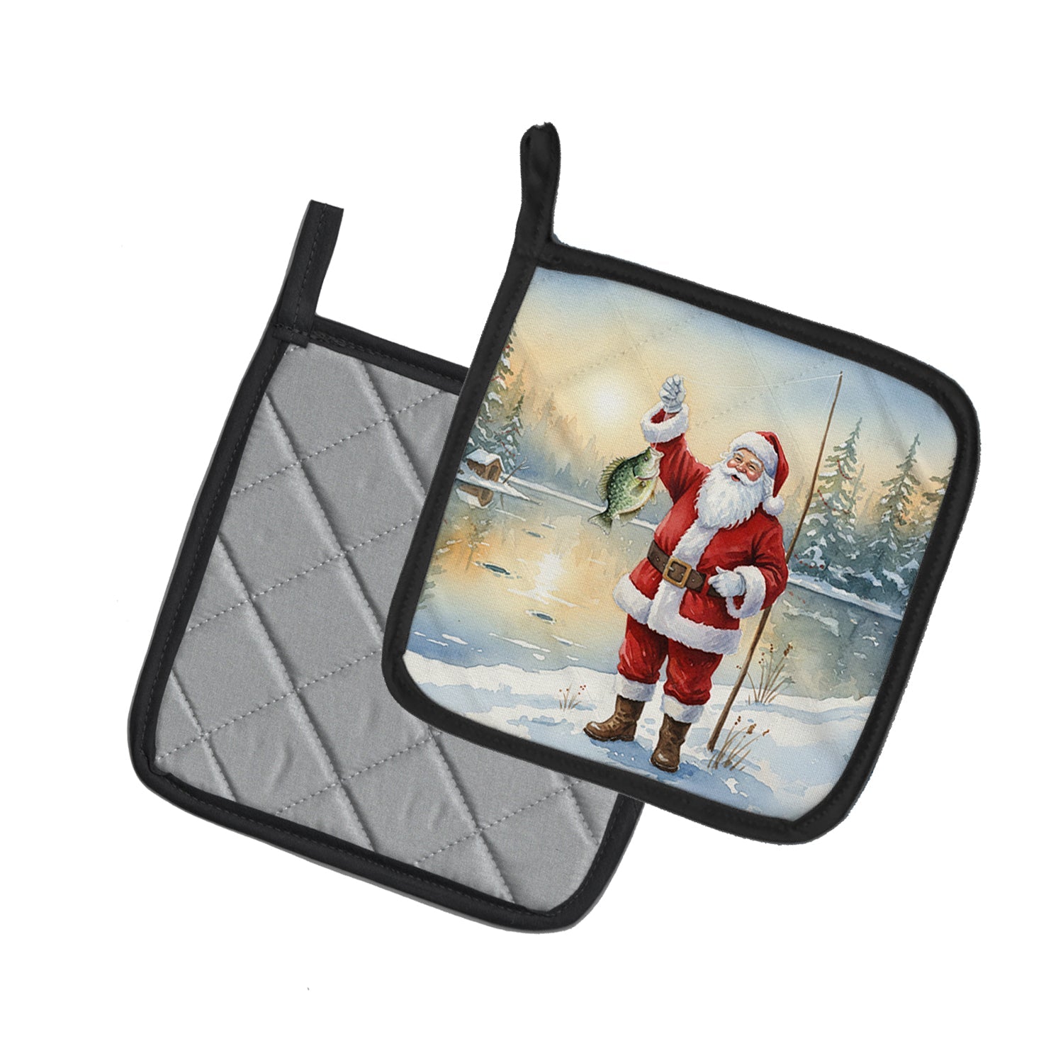 Fishing Santa Claus with Crappie Christmas Pot Holder Set of 2 Heat Resistant Quilted Hot Pads 7.5 x 7.5 Inch, Insulated Kitchen Trivets for Cooking & Baking