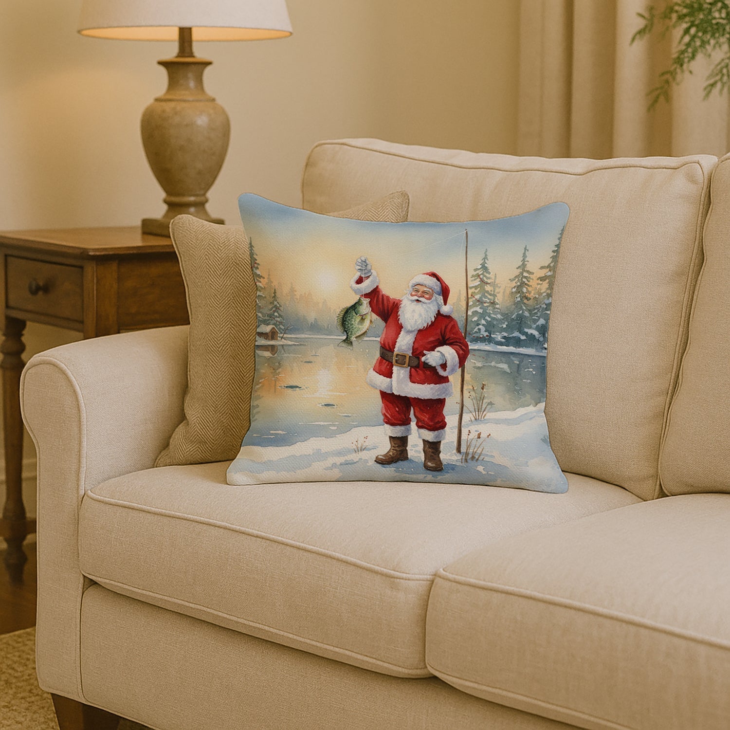 Fishing Santa Claus with Crappie Christmas Decorative Throw Pillow 14x14 Indoor Outdoor Accent Cushion, Fabric Cover with Insert for Sofa, Bed, Porch & Living Room