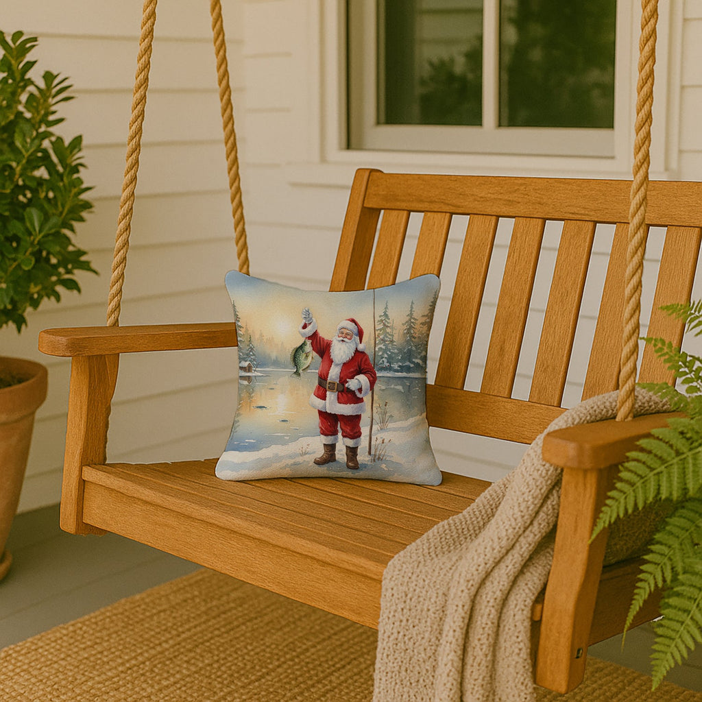 Fishing Santa Claus with Crappie Christmas Decorative Throw Pillow 14x14 Indoor Outdoor Accent Cushion, Fabric Cover with Insert for Sofa, Bed, Porch & Living Room