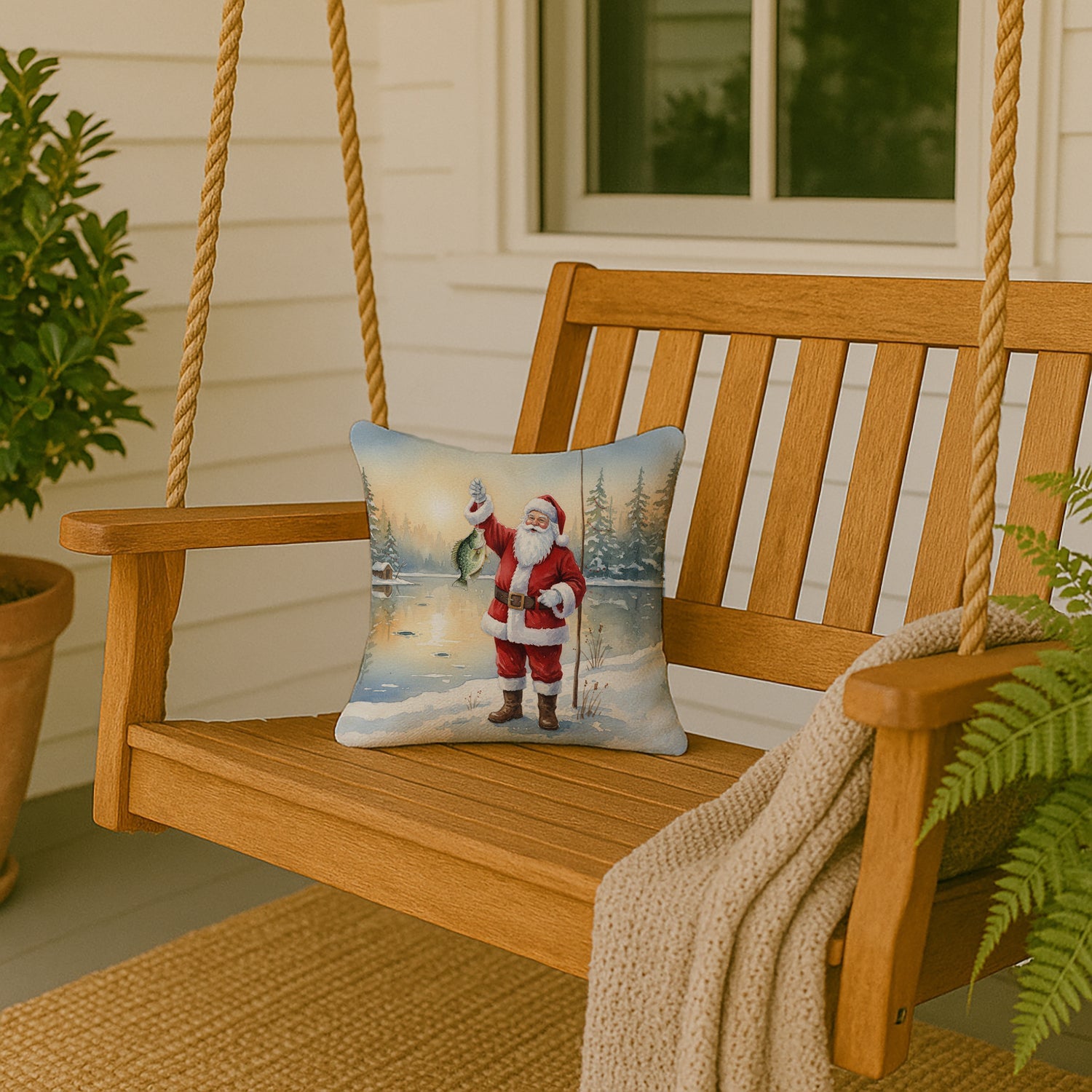 Fishing Santa Claus with Crappie Christmas Decorative Throw Pillow 14x14 Indoor Outdoor Accent Cushion, Fabric Cover with Insert for Sofa, Bed, Porch & Living Room
