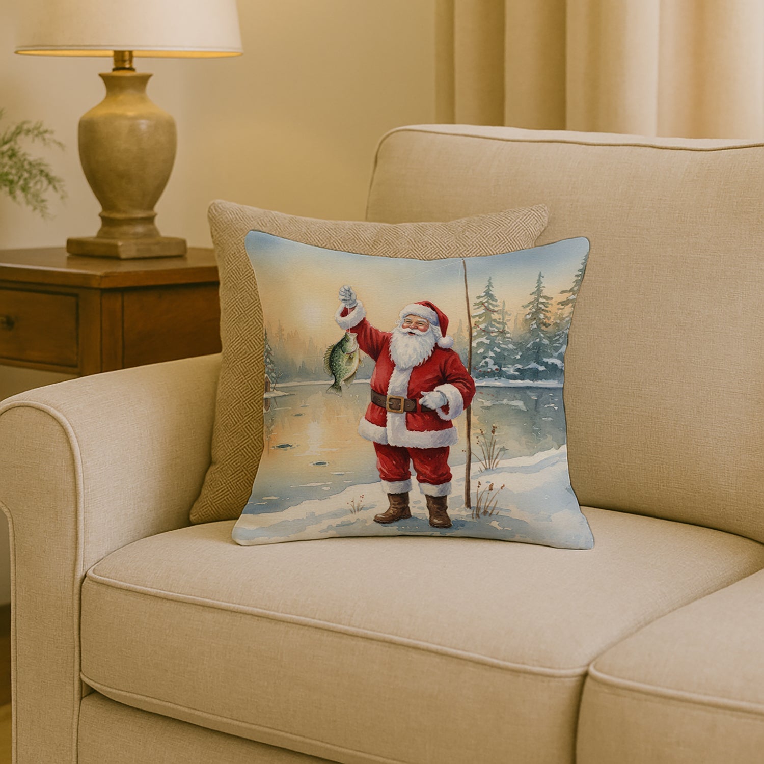 Fishing Santa Claus with Crappie Christmas Decorative Throw Pillow 18x18 Indoor Outdoor Accent Cushion, Fabric Cover with Insert for Sofa, Bed, Porch & Living Room
