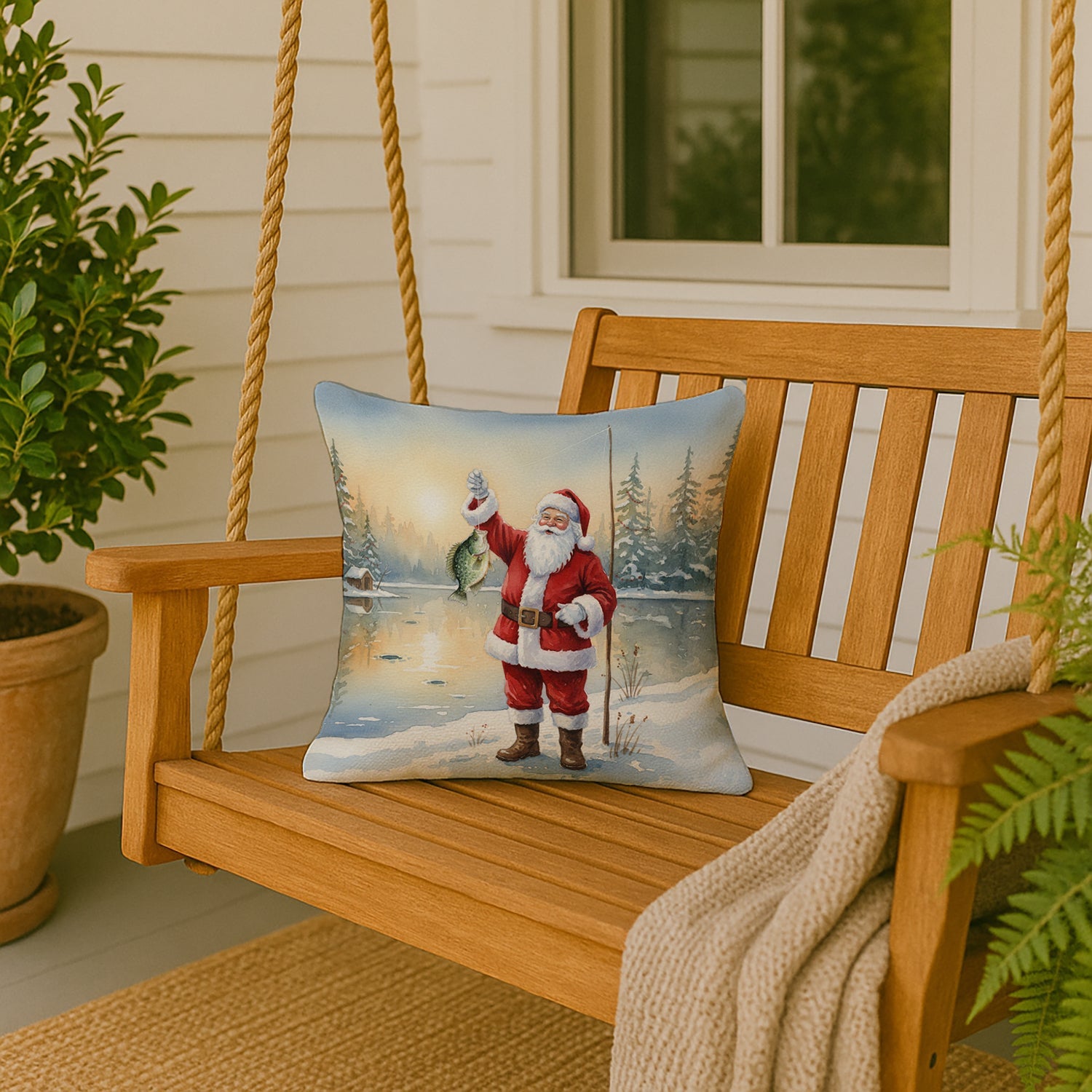Fishing Santa Claus with Crappie Christmas Decorative Throw Pillow 18x18 Indoor Outdoor Accent Cushion, Fabric Cover with Insert for Sofa, Bed, Porch & Living Room