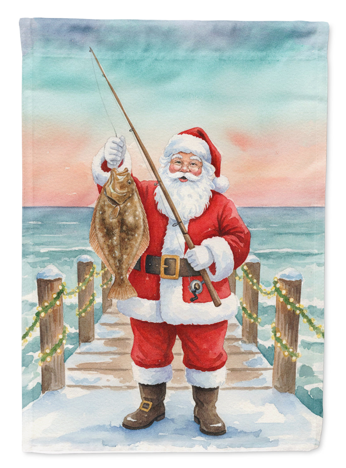 Fishing Santa Claus with Flounder Christmas House Flag 28x40 Porch Sleeve Pole Decorative Outside Yard Banner Artwork Wall Hanging, Polyester
