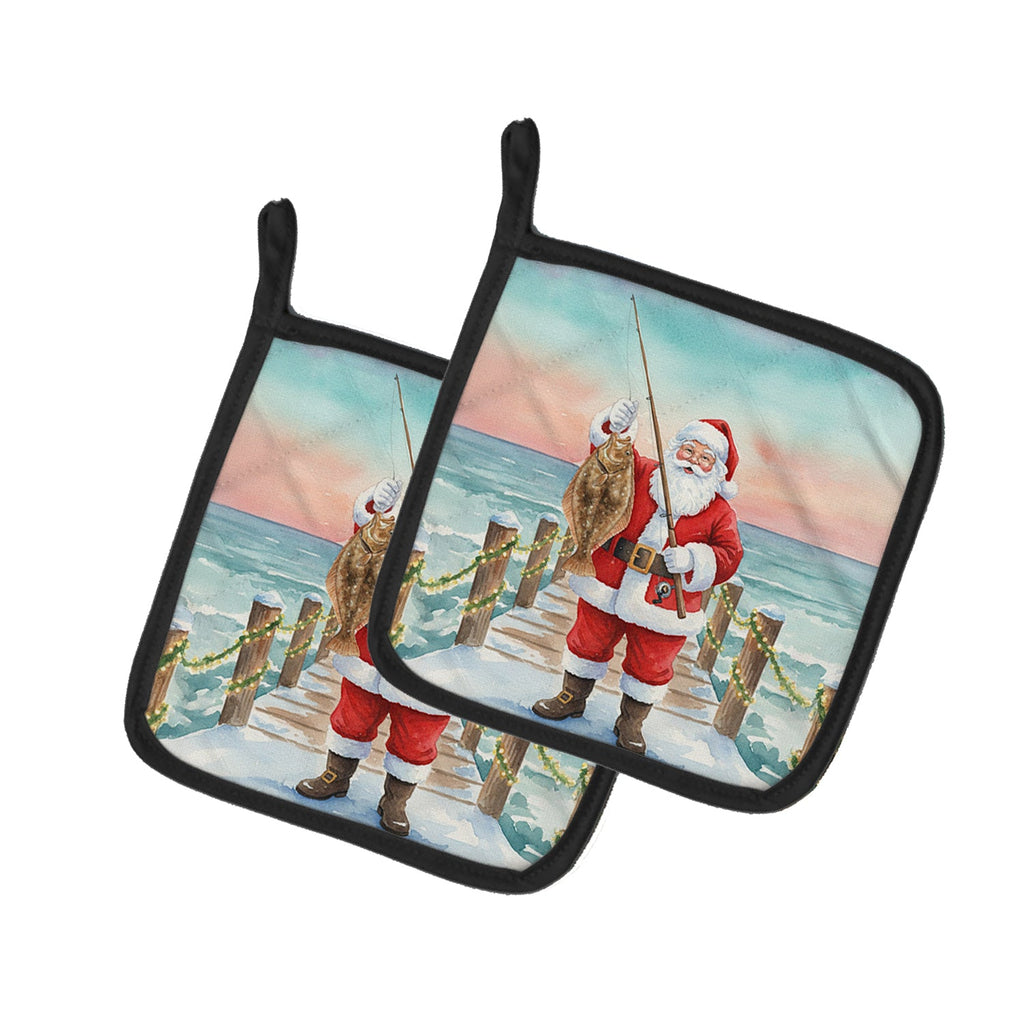 Fishing Santa Claus with Flounder Christmas Pot Holder Set of 2 Heat Resistant Quilted Hot Pads 7.5 x 7.5 Inch, Insulated Kitchen Trivets for Cooking & Baking