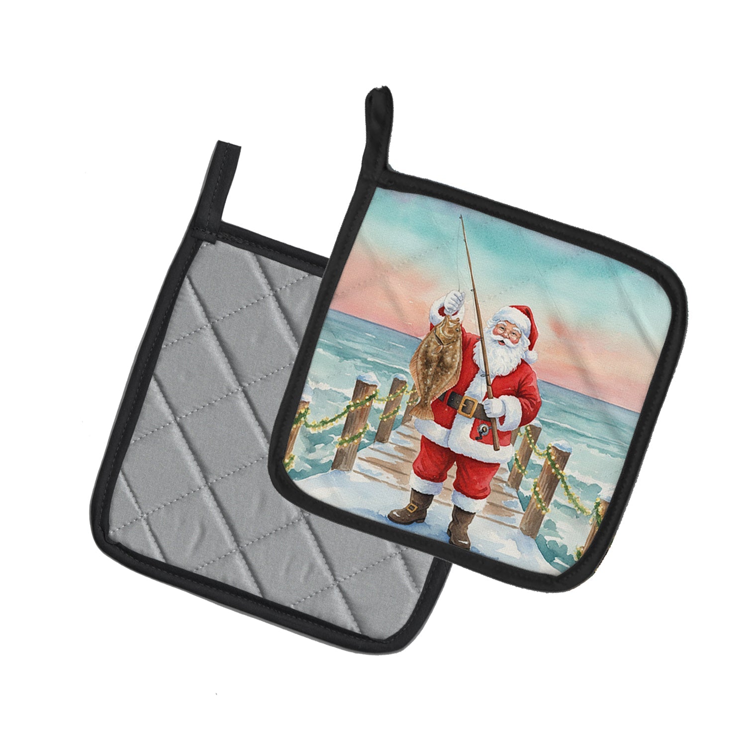 Fishing Santa Claus with Flounder Christmas Pot Holder Set of 2 Heat Resistant Quilted Hot Pads 7.5 x 7.5 Inch, Insulated Kitchen Trivets for Cooking & Baking