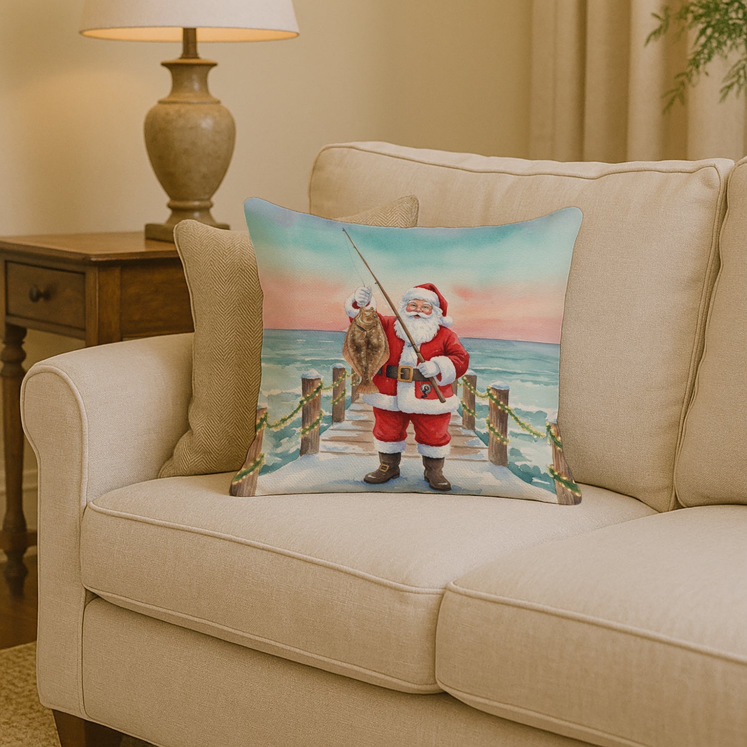 Fishing Santa Claus with Flounder Christmas Decorative Throw Pillow 14x14 Indoor Outdoor Accent Cushion, Fabric Cover with Insert for Sofa, Bed, Porch & Living Room