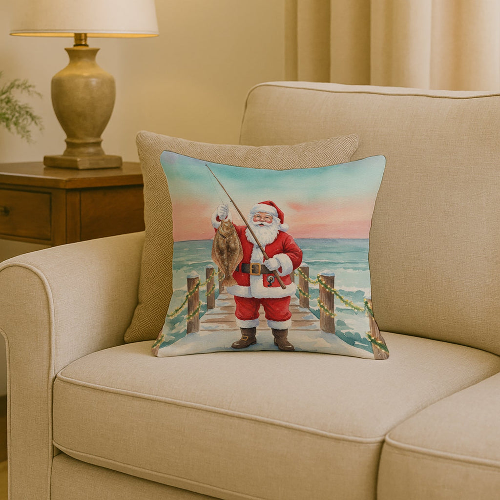 Fishing Santa Claus with Flounder Christmas Decorative Throw Pillow 18x18 Indoor Outdoor Accent Cushion, Fabric Cover with Insert for Sofa, Bed, Porch & Living Room