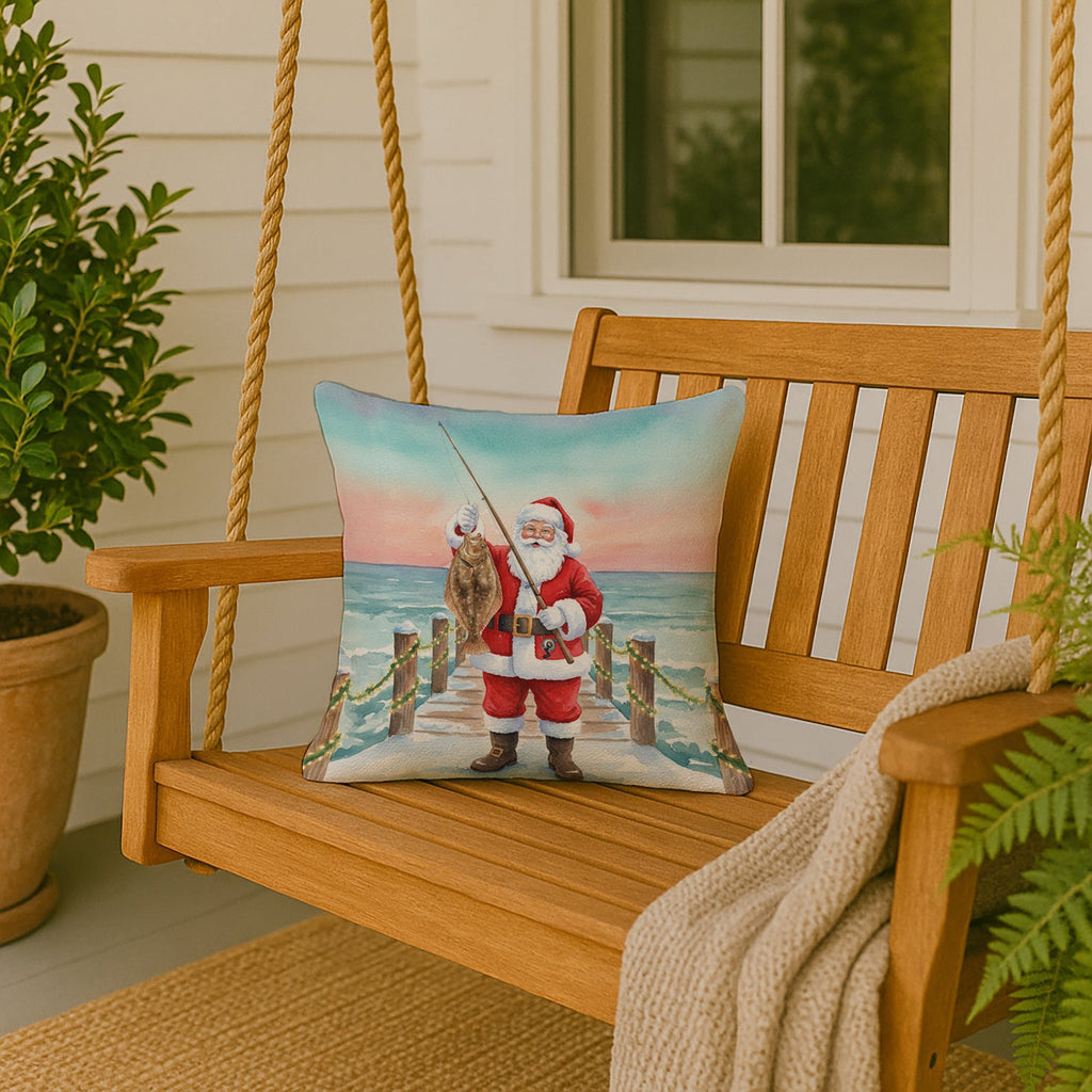 Fishing Santa Claus with Flounder Christmas Decorative Throw Pillow 18x18 Indoor Outdoor Accent Cushion, Fabric Cover with Insert for Sofa, Bed, Porch & Living Room