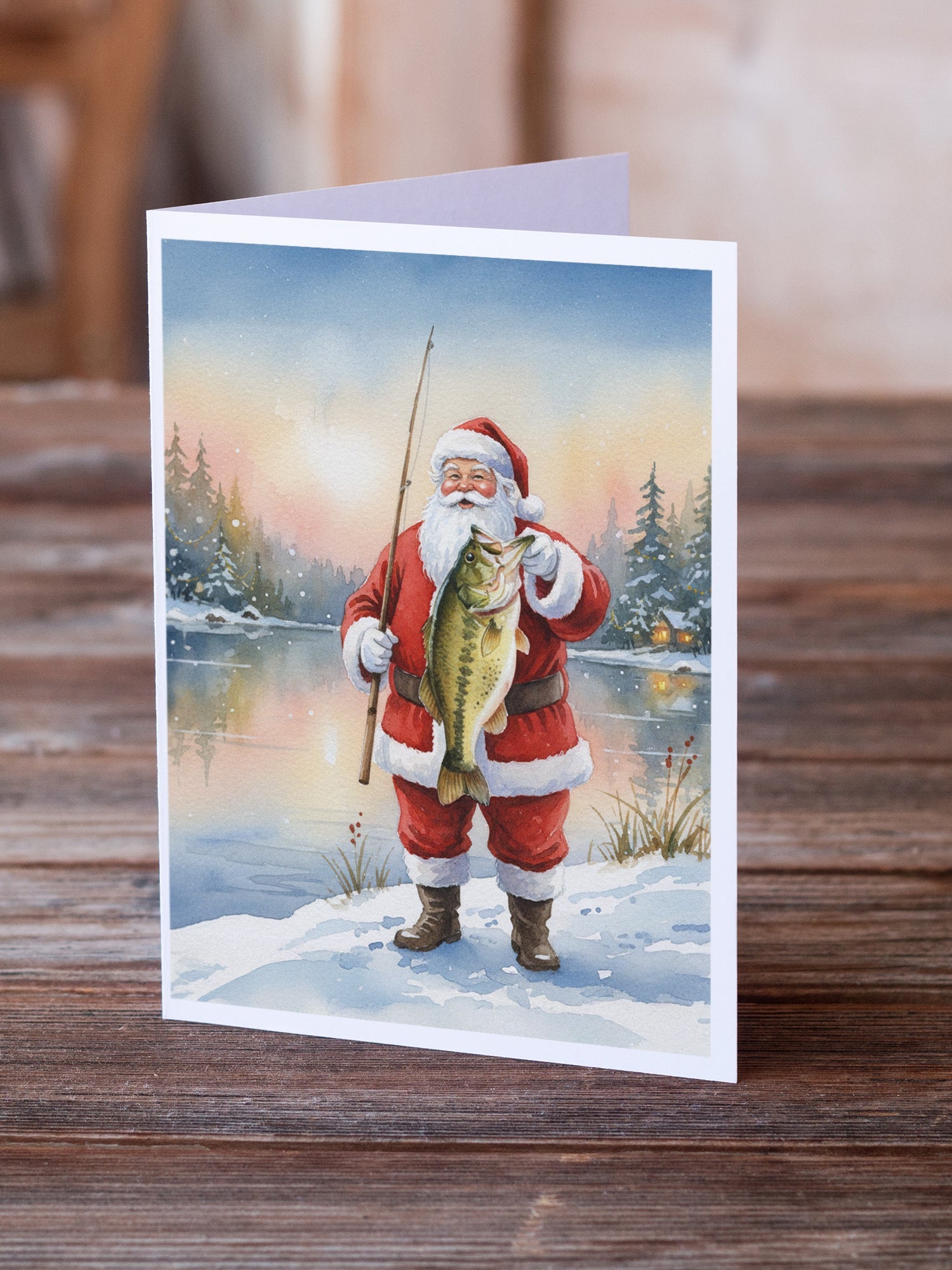 Fishing Santa Claus with Largemouth Bass Christmas Greeting Cards Pack of 8 Blank Cards with Envelopes Whimsical A7 Size 5x7