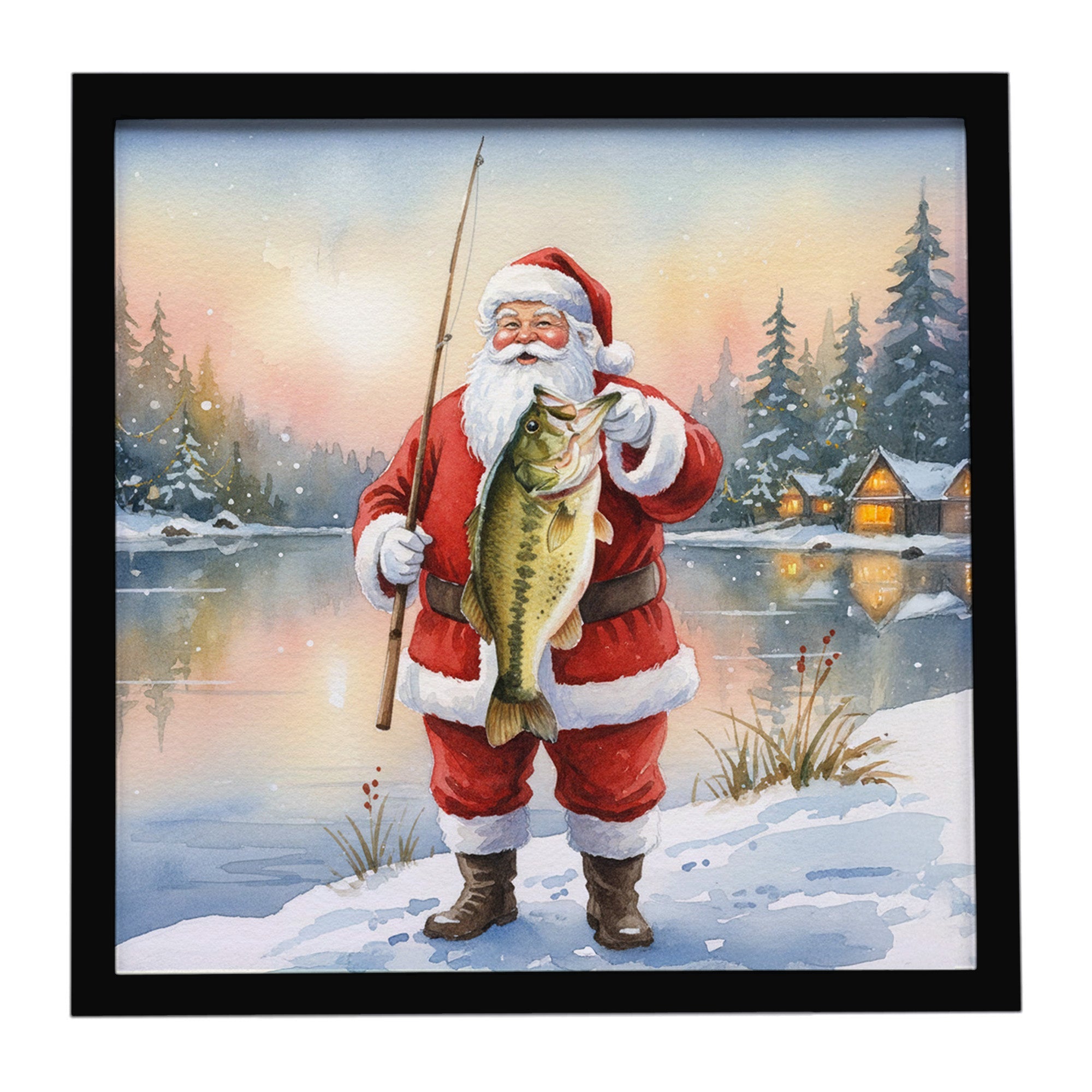 Fishing Santa Claus with Largemouth Bass Christmas Framed Metal Print Bathroom, Kitchen, Office, Home Decor Wall Art Ready to Hang, Square, 8X8