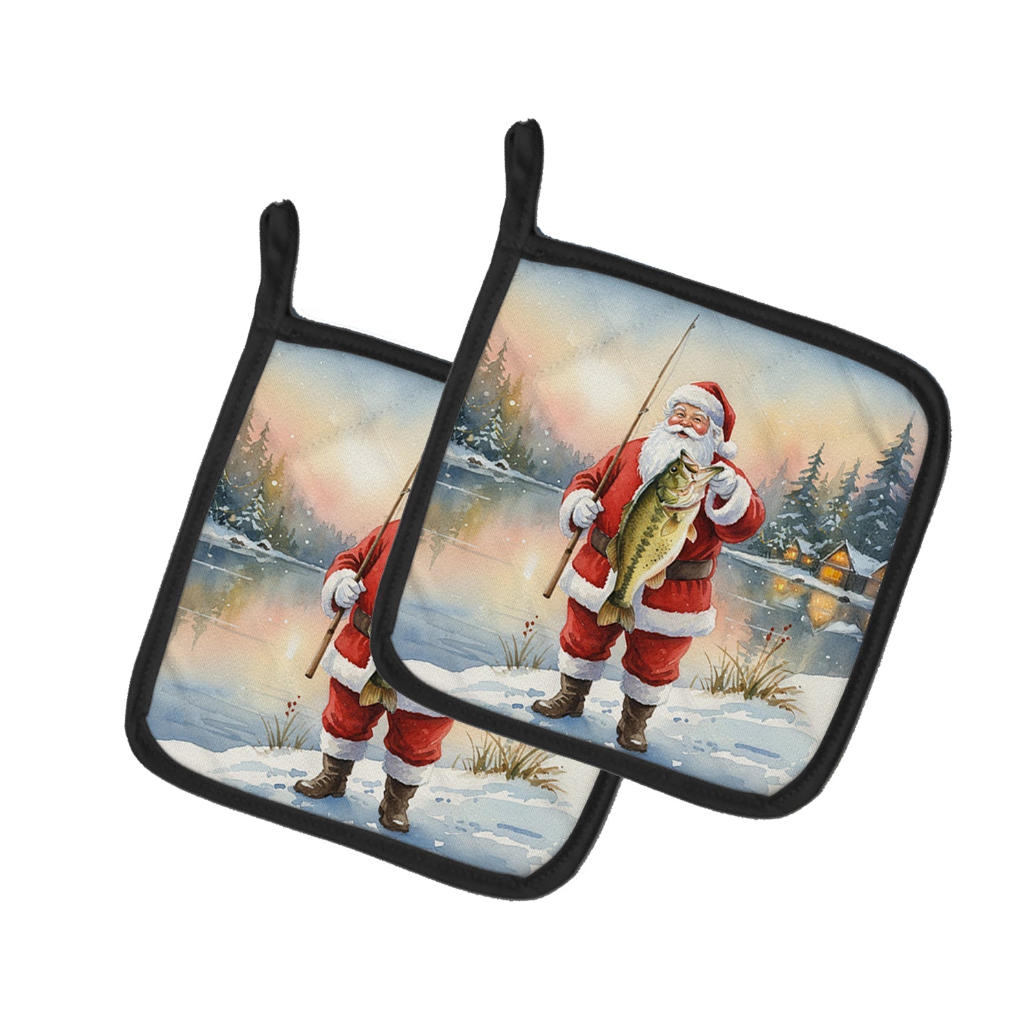 Fishing Santa Claus with Largemouth Bass Christmas Pot Holder Set of 2 Heat Resistant Quilted Hot Pads 7.5 x 7.5 Inch, Insulated Kitchen Trivets for Cooking & Baking