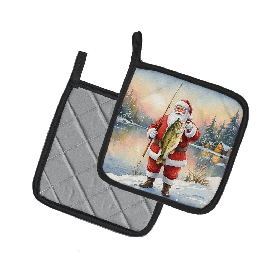 Fishing Santa Claus with Largemouth Bass Christmas Pot Holder Set of 2 Heat Resistant Quilted Hot Pads 7.5 x 7.5 Inch, Insulated Kitchen Trivets for Cooking & Baking
