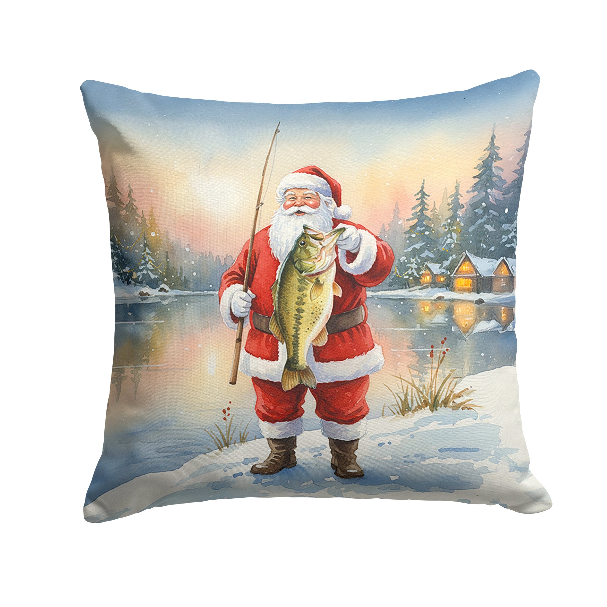 Fishing Santa Claus with Largemouth Bass Christmas Decorative Throw Pillow 14x14 Indoor Outdoor Accent Cushion, Fabric Cover with Insert for Sofa, Bed, Porch & Living Room