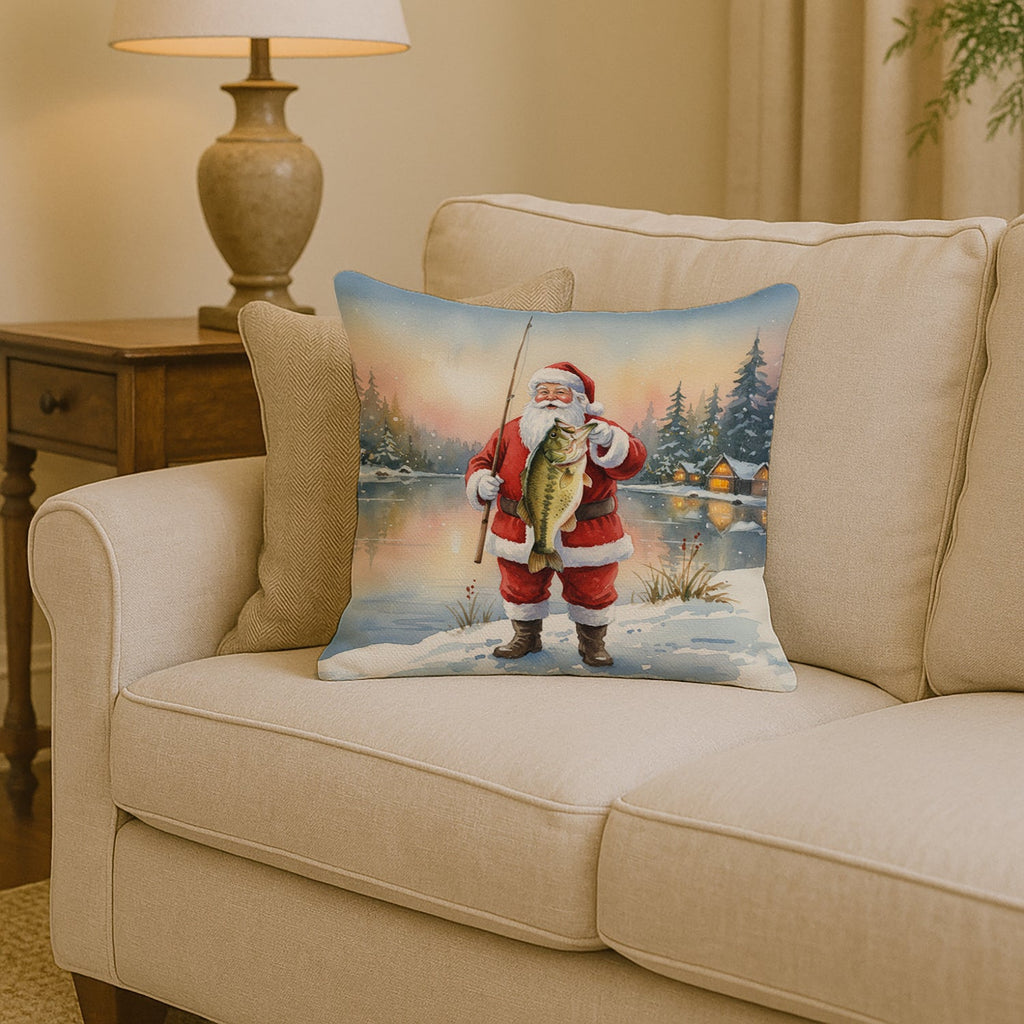 Fishing Santa Claus with Largemouth Bass Christmas Decorative Throw Pillow 14x14 Indoor Outdoor Accent Cushion, Fabric Cover with Insert for Sofa, Bed, Porch & Living Room