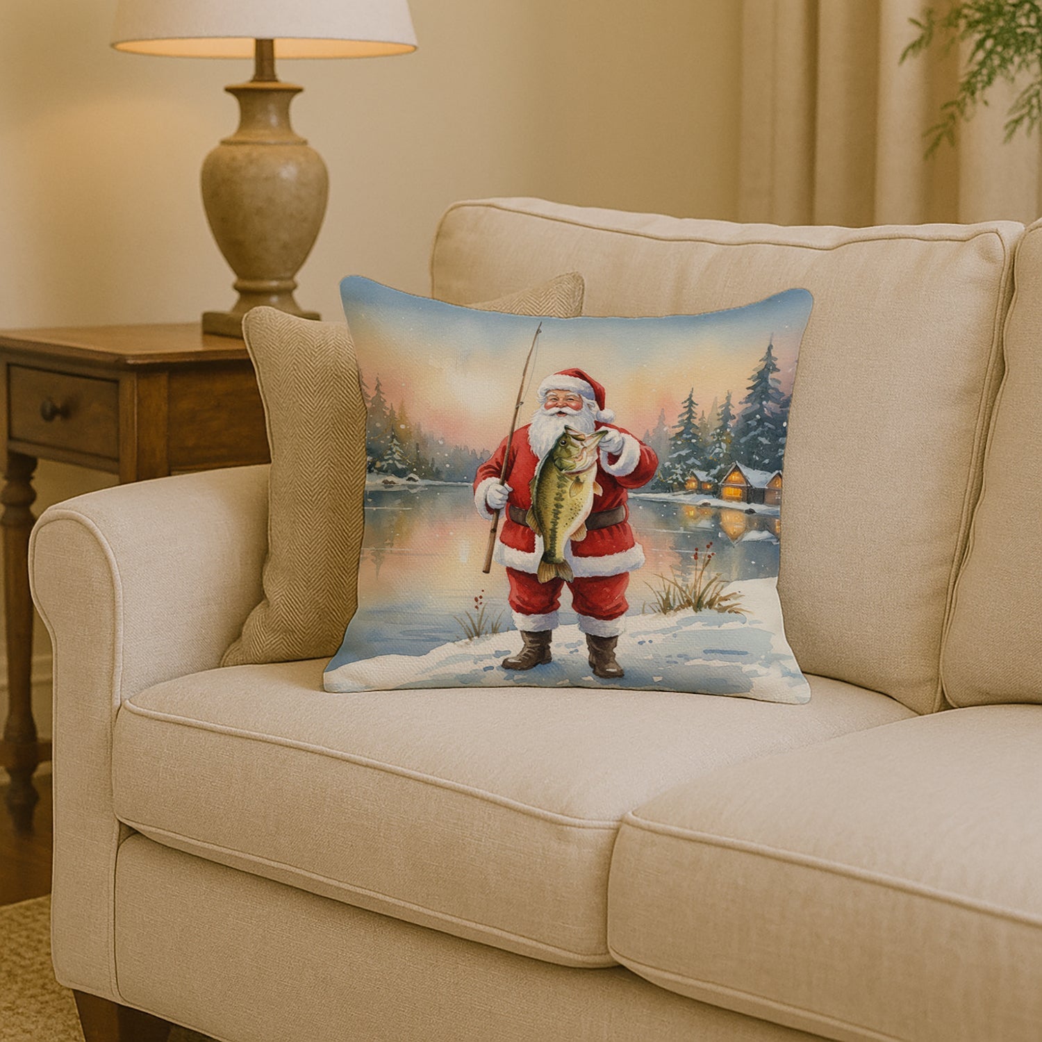 Fishing Santa Claus with Largemouth Bass Christmas Decorative Throw Pillow 14x14 Indoor Outdoor Accent Cushion, Fabric Cover with Insert for Sofa, Bed, Porch & Living Room