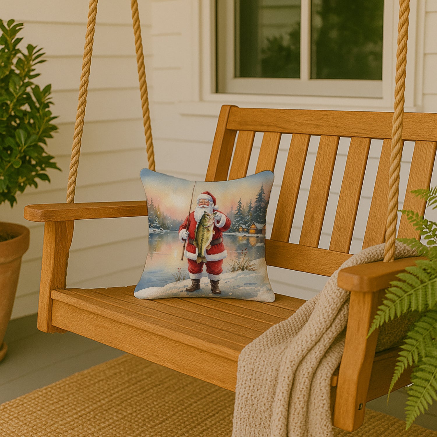 Fishing Santa Claus with Largemouth Bass Christmas Decorative Throw Pillow 14x14 Indoor Outdoor Accent Cushion, Fabric Cover with Insert for Sofa, Bed, Porch & Living Room
