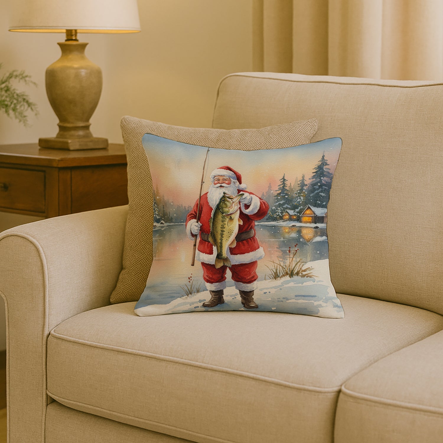 Fishing Santa Claus with Largemouth Bass Christmas Decorative Throw Pillow 18x18 Indoor Outdoor Accent Cushion, Fabric Cover with Insert for Sofa, Bed, Porch & Living Room