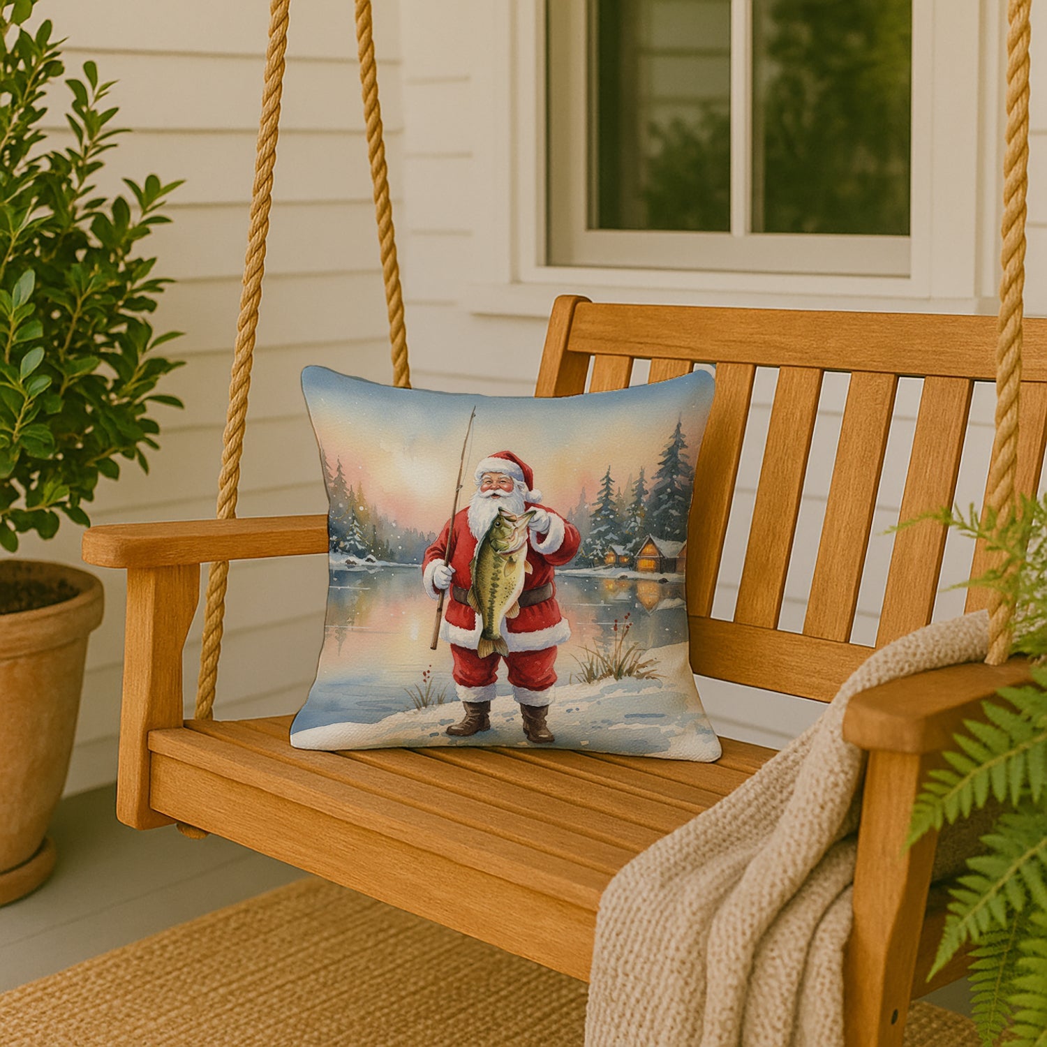Fishing Santa Claus with Largemouth Bass Christmas Decorative Throw Pillow 18x18 Indoor Outdoor Accent Cushion, Fabric Cover with Insert for Sofa, Bed, Porch & Living Room
