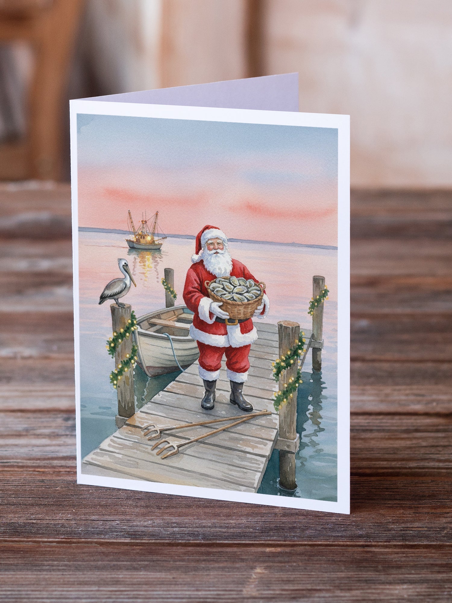 Fishing Santa Claus with Oysters Christmas Greeting Cards Pack of 8 Blank Cards with Envelopes Whimsical A7 Size 5x7