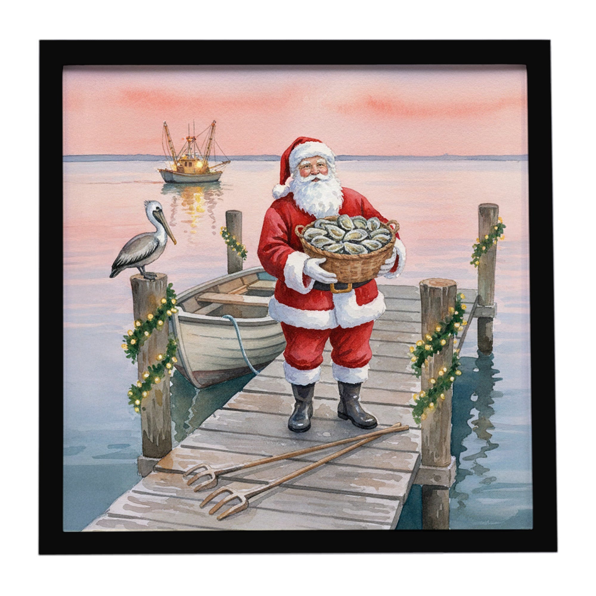 Fishing Santa Claus with Oysters Christmas Framed Metal Print Bathroom, Kitchen, Office, Home Decor Wall Art Ready to Hang, Square, 8X8