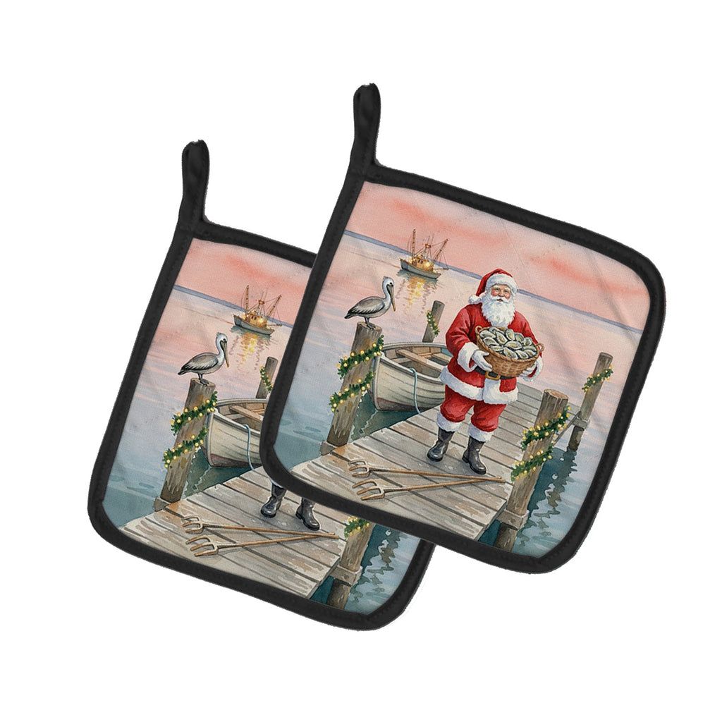 Fishing Santa Claus with Oysters Christmas Pot Holder Set of 2 Heat Resistant Quilted Hot Pads 7.5 x 7.5 Inch, Insulated Kitchen Trivets for Cooking & Baking