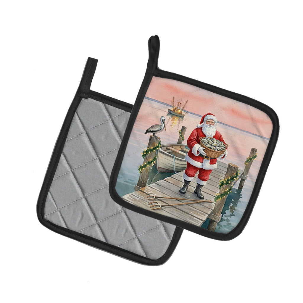 Fishing Santa Claus with Oysters Christmas Pot Holder Set of 2 Heat Resistant Quilted Hot Pads 7.5 x 7.5 Inch, Insulated Kitchen Trivets for Cooking & Baking