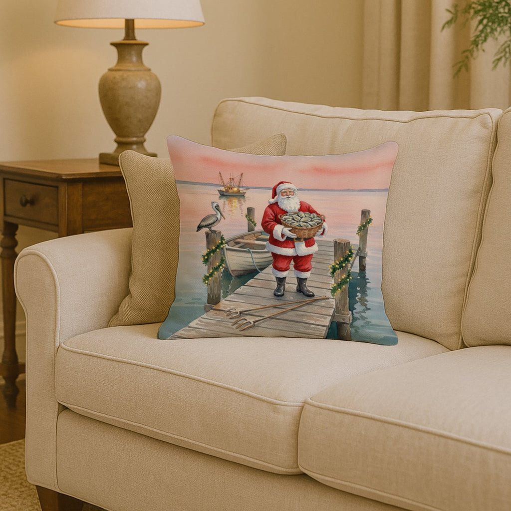 Fishing Santa Claus with Oysters Christmas Decorative Throw Pillow 14x14 Indoor Outdoor Accent Cushion, Fabric Cover with Insert for Sofa, Bed, Porch & Living Room