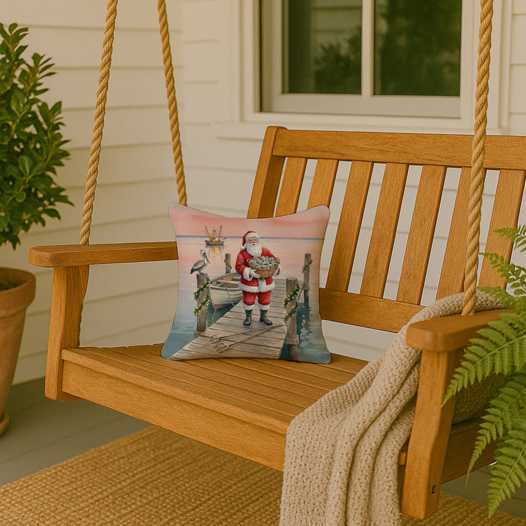 Fishing Santa Claus with Oysters Christmas Decorative Throw Pillow 14x14 Indoor Outdoor Accent Cushion, Fabric Cover with Insert for Sofa, Bed, Porch & Living Room