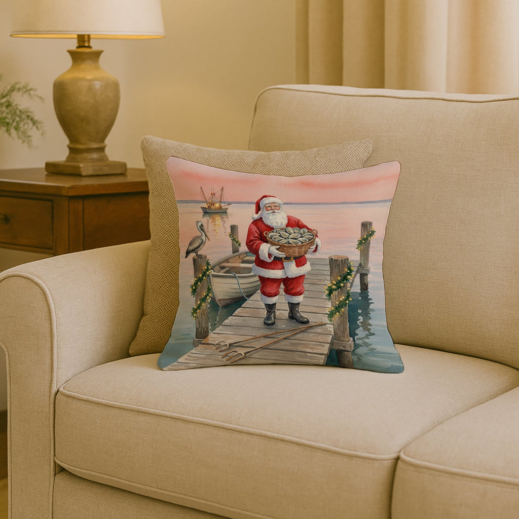 Fishing Santa Claus with Oysters Christmas Decorative Throw Pillow 18x18 Indoor Outdoor Accent Cushion, Fabric Cover with Insert for Sofa, Bed, Porch & Living Room