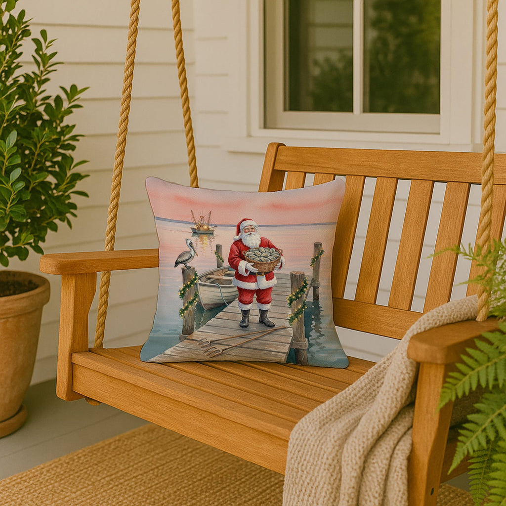 Fishing Santa Claus with Oysters Christmas Decorative Throw Pillow 18x18 Indoor Outdoor Accent Cushion, Fabric Cover with Insert for Sofa, Bed, Porch & Living Room