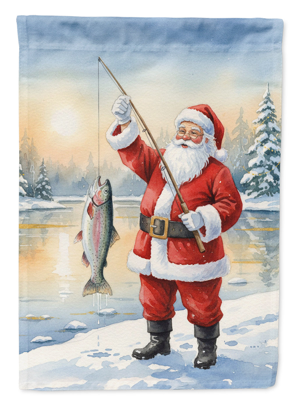 Fishing Santa Claus with Rainbow Trout Christmas House Flag 28x40 Porch Sleeve Pole Decorative Outside Yard Banner Artwork Wall Hanging, Polyester