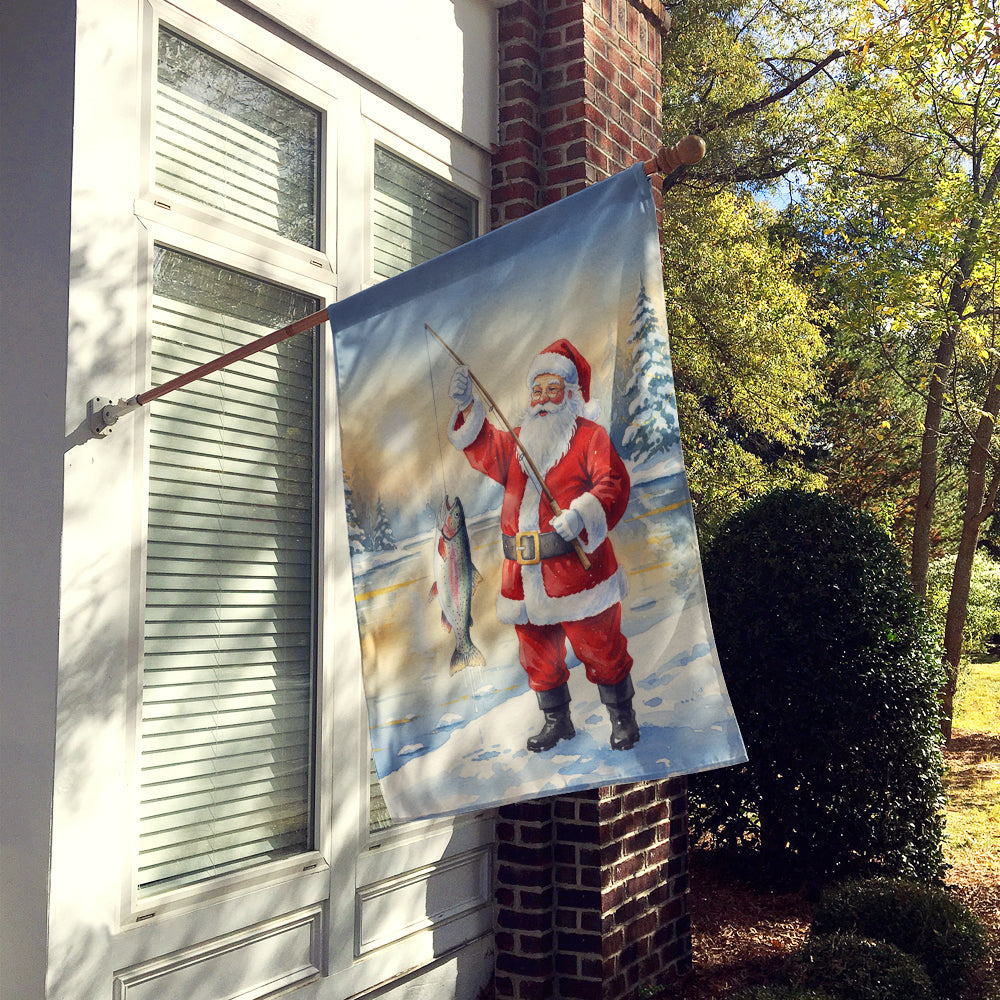 Fishing Santa Claus with Rainbow Trout Christmas House Flag 28x40 Porch Sleeve Pole Decorative Outside Yard Banner Artwork Wall Hanging, Polyester