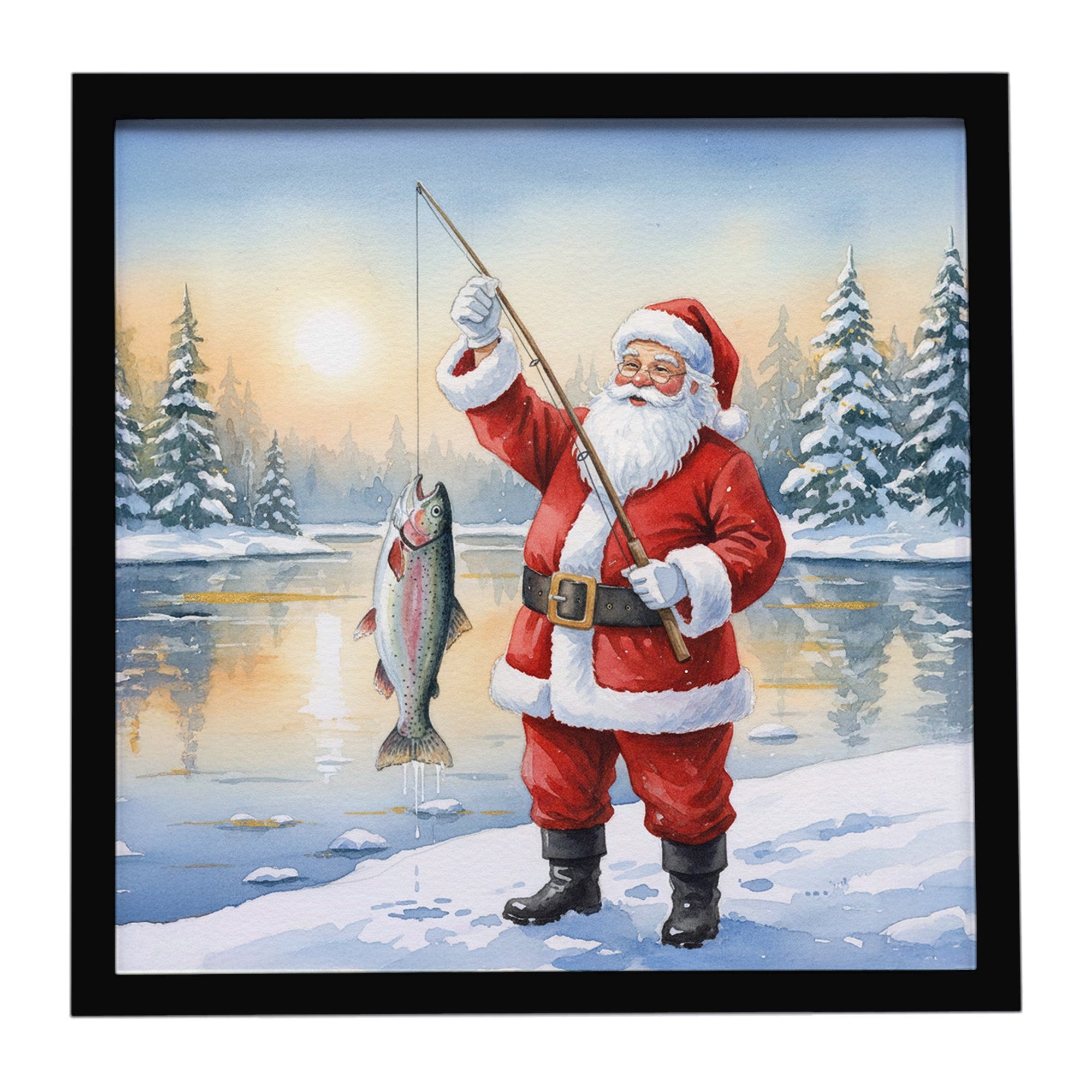 Fishing Santa Claus with Rainbow Trout Christmas Framed Metal Print Bathroom, Kitchen, Office, Home Decor Wall Art Ready to Hang, Square, 8X8